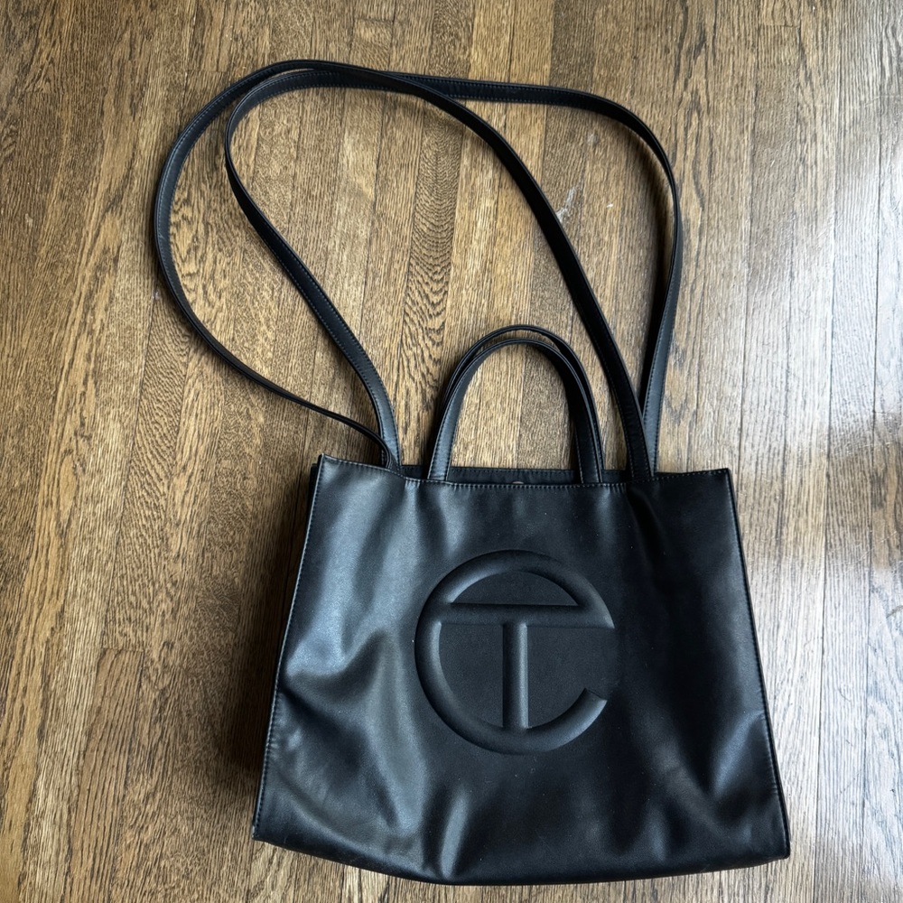 Telfar Black Leather Tote Bag with Embossed Logo